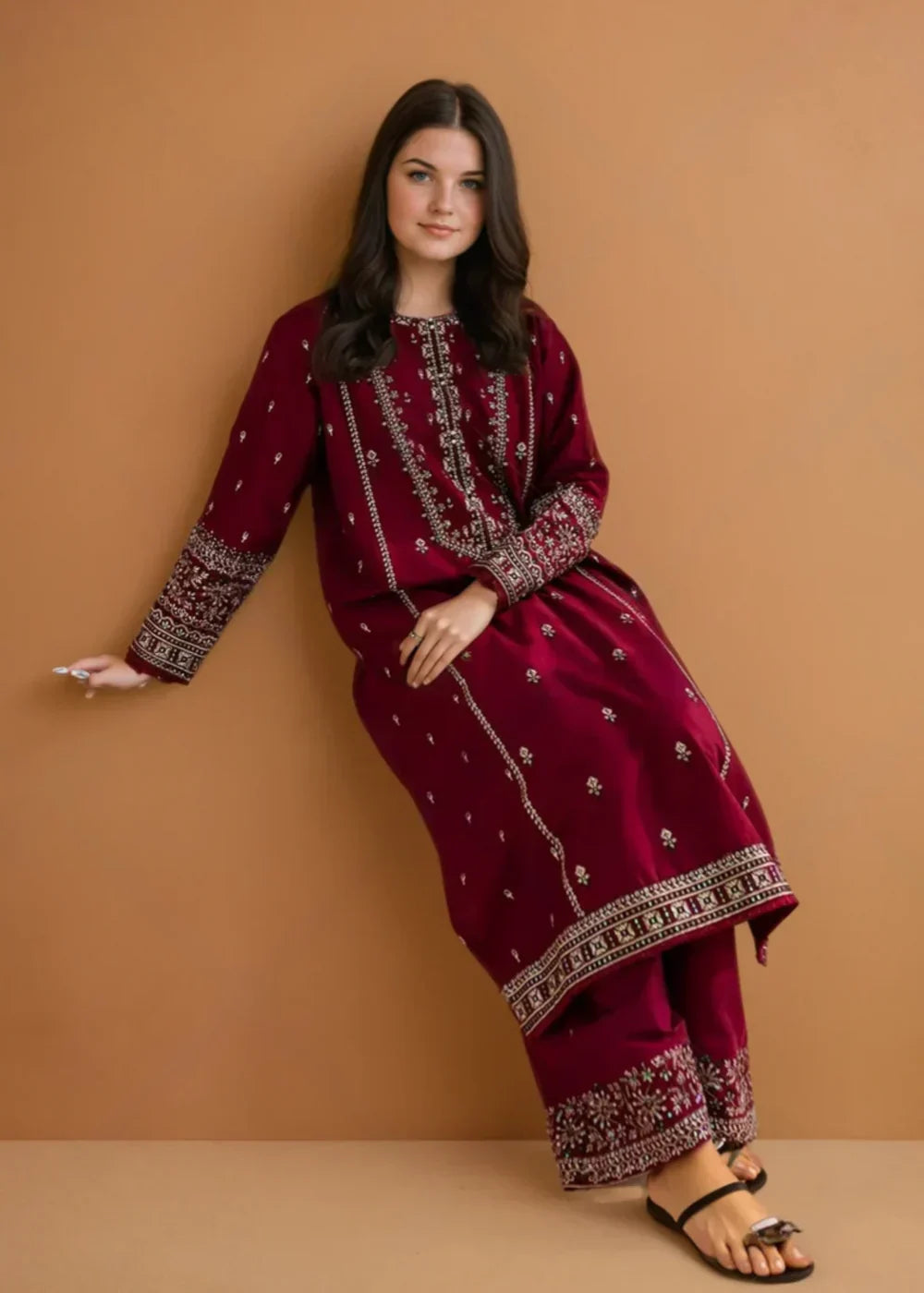 Women’s ready to wear maroon cotton suit with white ethnic embroidery