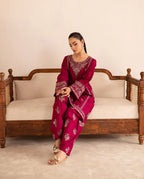 ZAMARANG Gulnaar embroidered maroon 2 piece suit front view