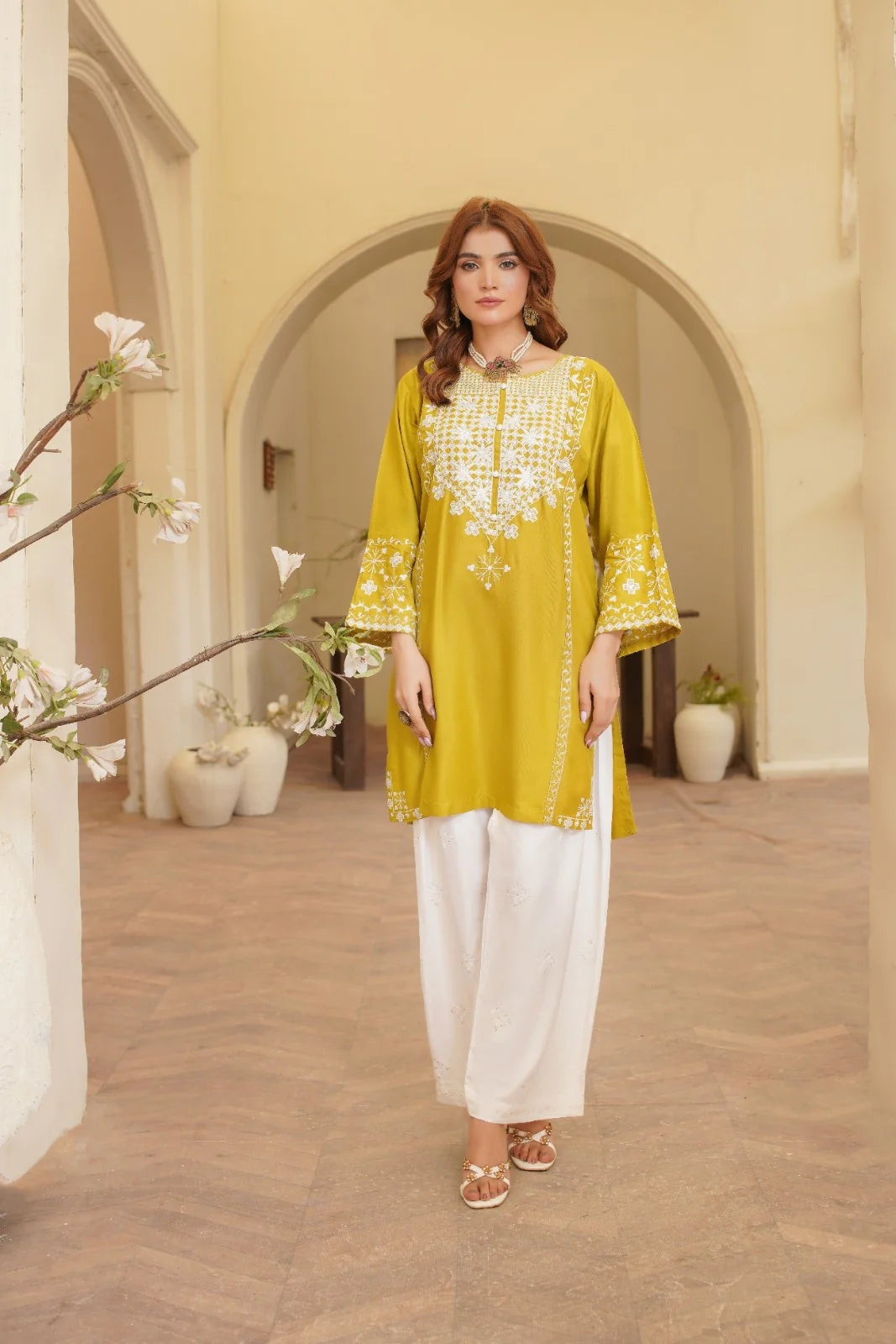 ZAMARANG Marigold embroidered stitched 2 piece suit front view