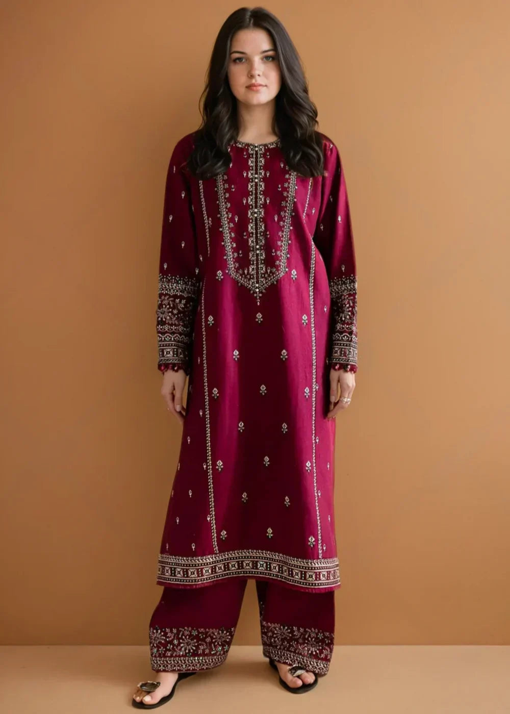 ZAMARANG Maroon Embroidered Cotton 2 Piece Suit front view