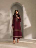ZAMARANG Maroon Royale embroidered 3 piece long suit front view