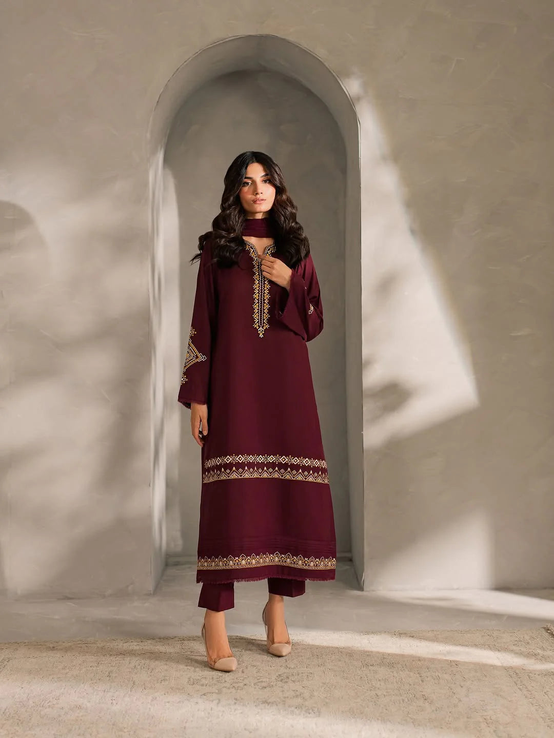 ZAMARANG Maroon Royale embroidered 3 piece long suit front view