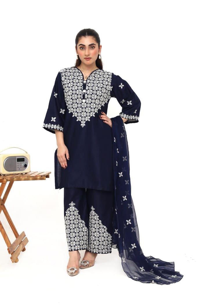 ZAMARANG Midnight Mosaic navy embroidered 3 piece suit front view