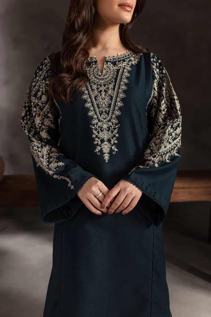 ZAMARANG Nocturne embroidered 2 piece suit front view deep navy and gold