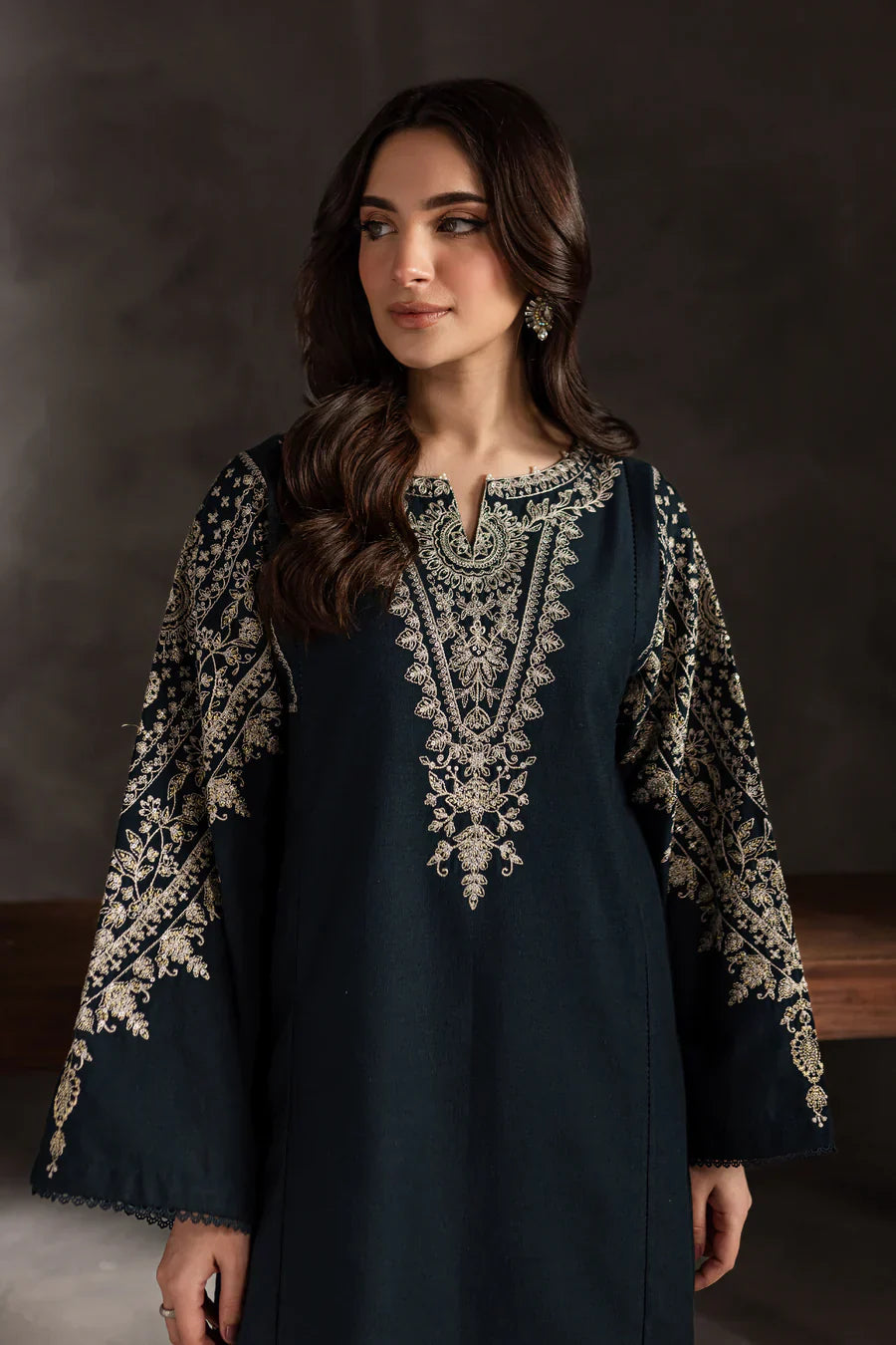 ZAMARANG Nocturne neckline embroidery close up gold detailing