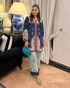 ZAMARANG Noor-E-Bahar digital floral shirt in blue and mint – front view