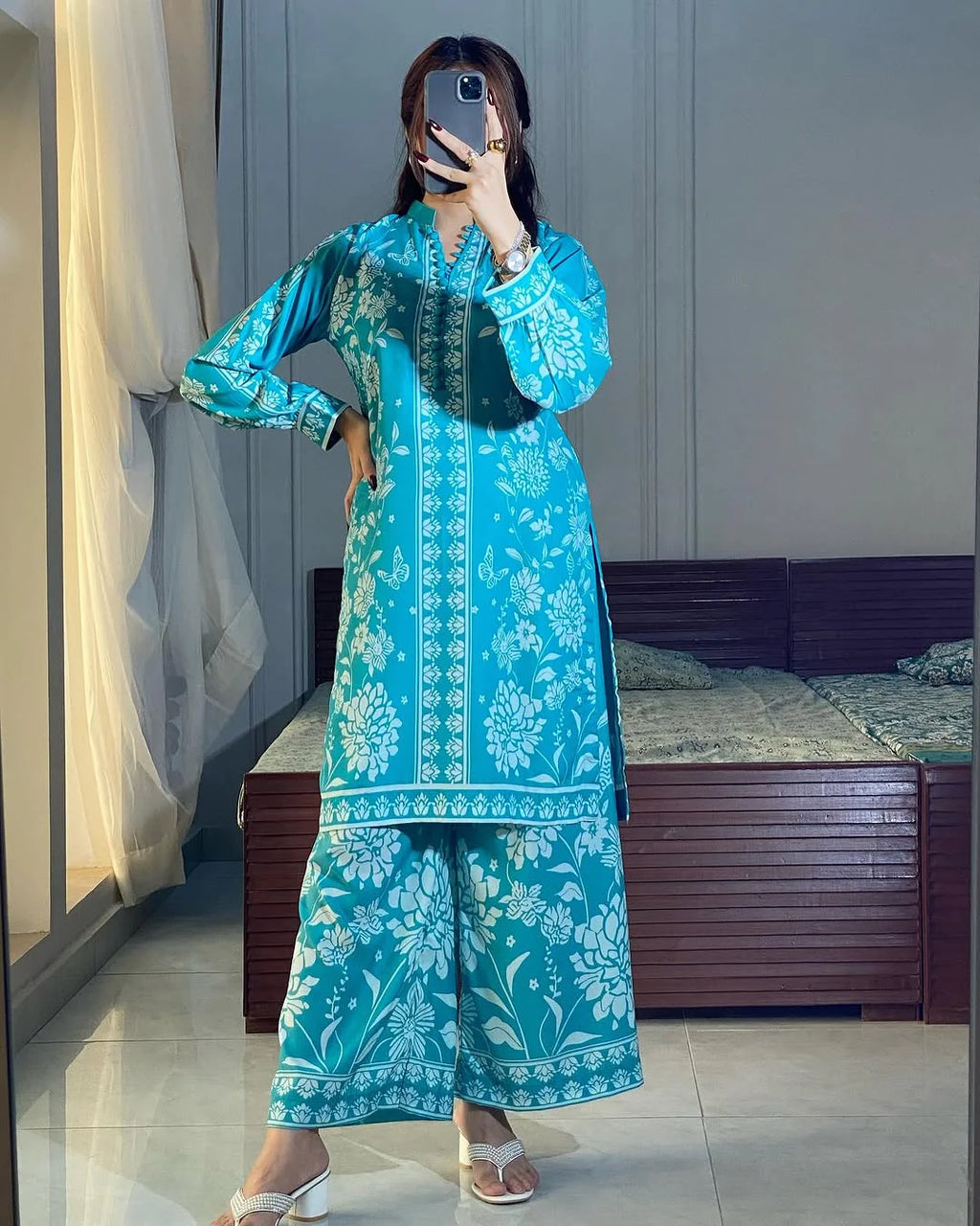 ZAMARANG Sky Meadow stitched 2 piece suit sky blue digital print front view
