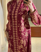 ZAMARANG Velveted Maroon stitched 2 piece digital print suit