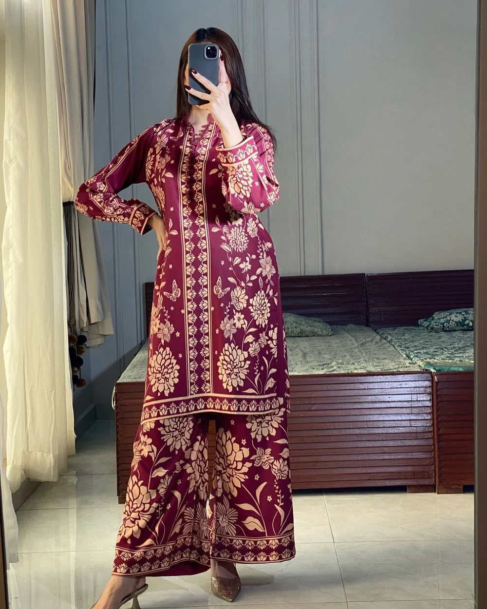 ZAMARANG Velveted Maroon straight trouser stitched outfit