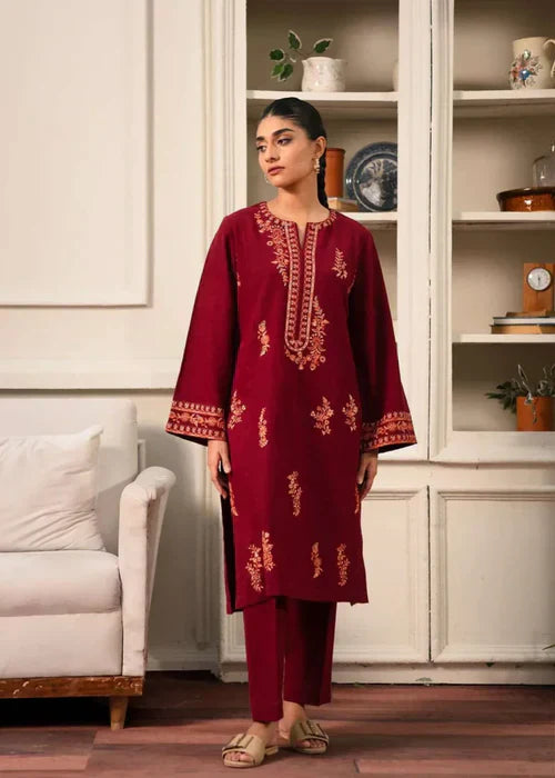 ZAMARANG Venetian Red embroidered lawn kurta and straight trouser set
