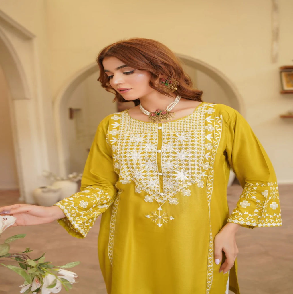 ZAMARANG marigold straight trouser embroidery detail