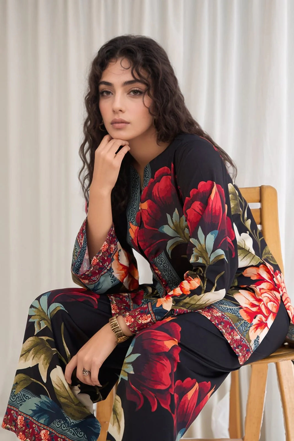 ZAMARANG model wearing bold floral print lawn outfit