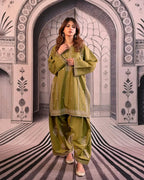 ZAMARANG olive green embroidered 2 piece suit front view