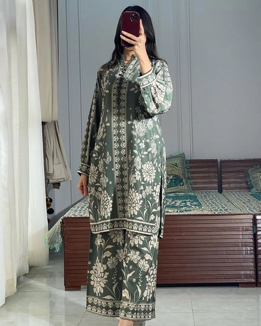 ZAMARANG sage blossom digital lawn 2 piece suit front view