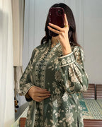 ZAMARANG sage green floral printed lawn shirt close up