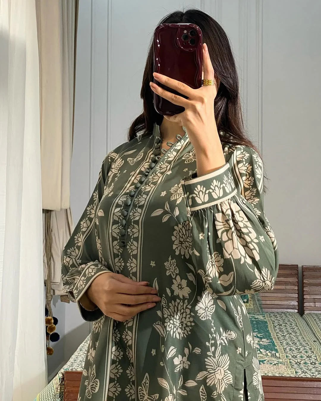 ZAMARANG sage green floral printed lawn shirt close up