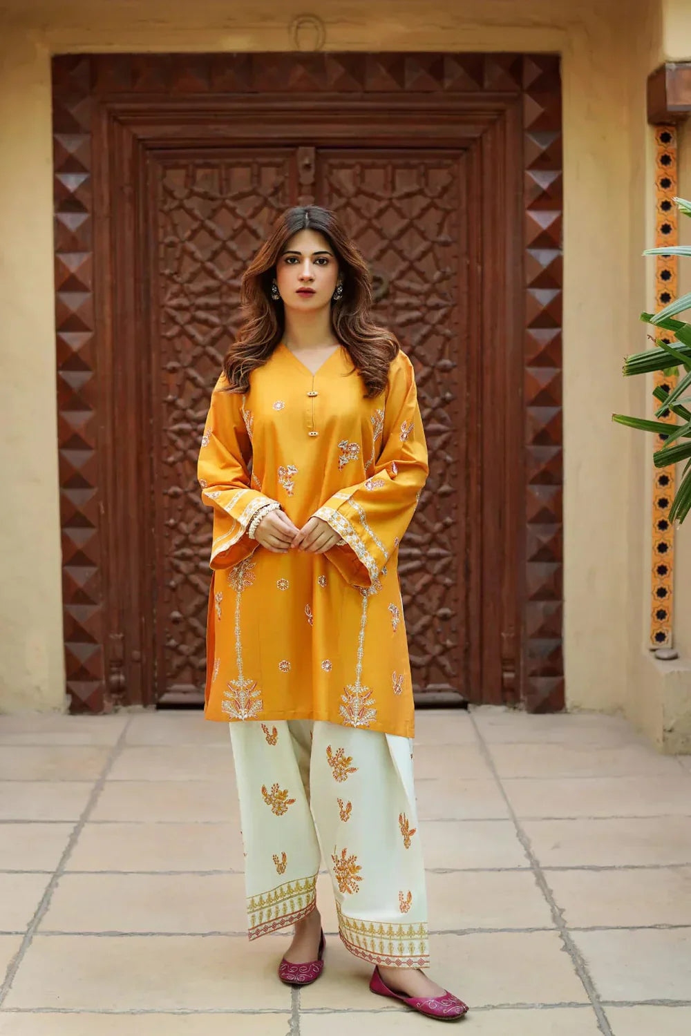 Zarqa  mustard embroidered lawn shirt front view ZAMARANG