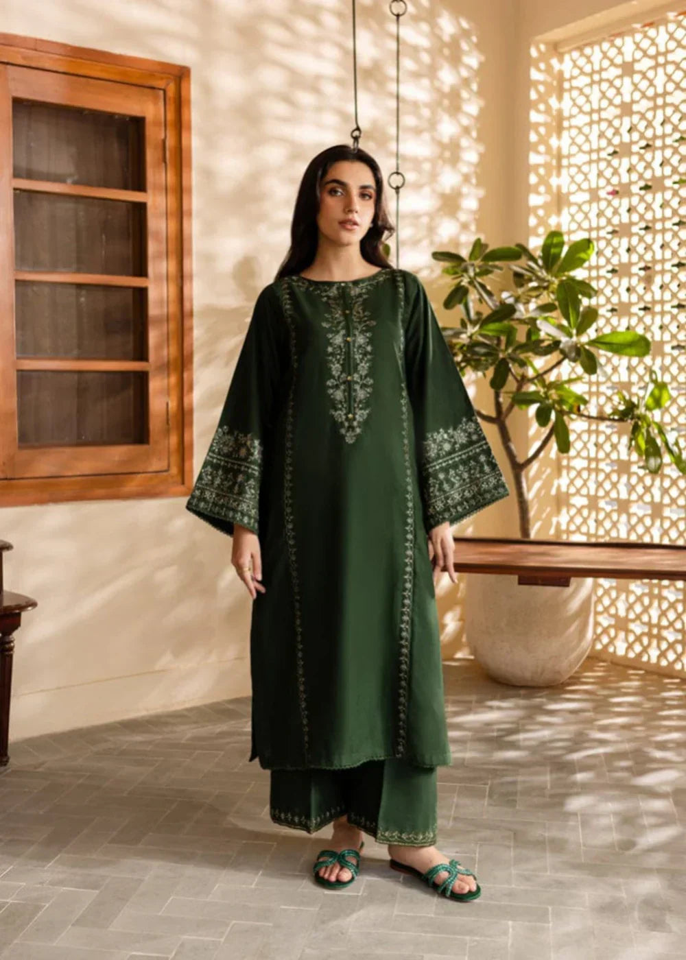 Zynah Olive Muse embroidered olive lawn shirt front view ZAMARANG
