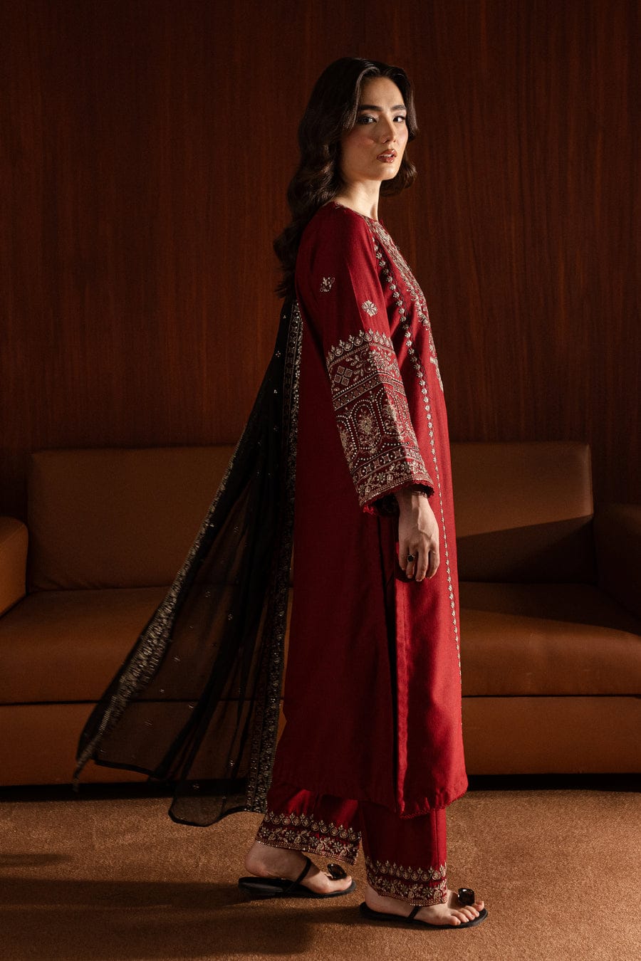 Full outfit view with embroidered trouser and matching dupatta