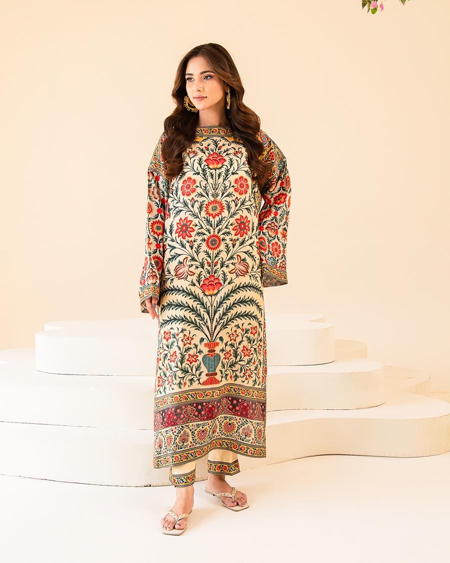 emerald green digital lawn suit long length shirt front view ZAMARANG