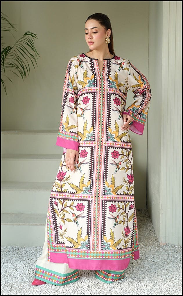 front view of cream and pink digital printed lawn long length shirt ZAMARANG