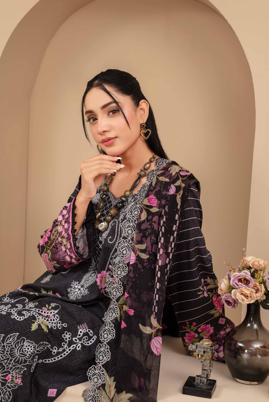 Elegant Black Floral Embroidered 3 Piece Suit VISCOSE
