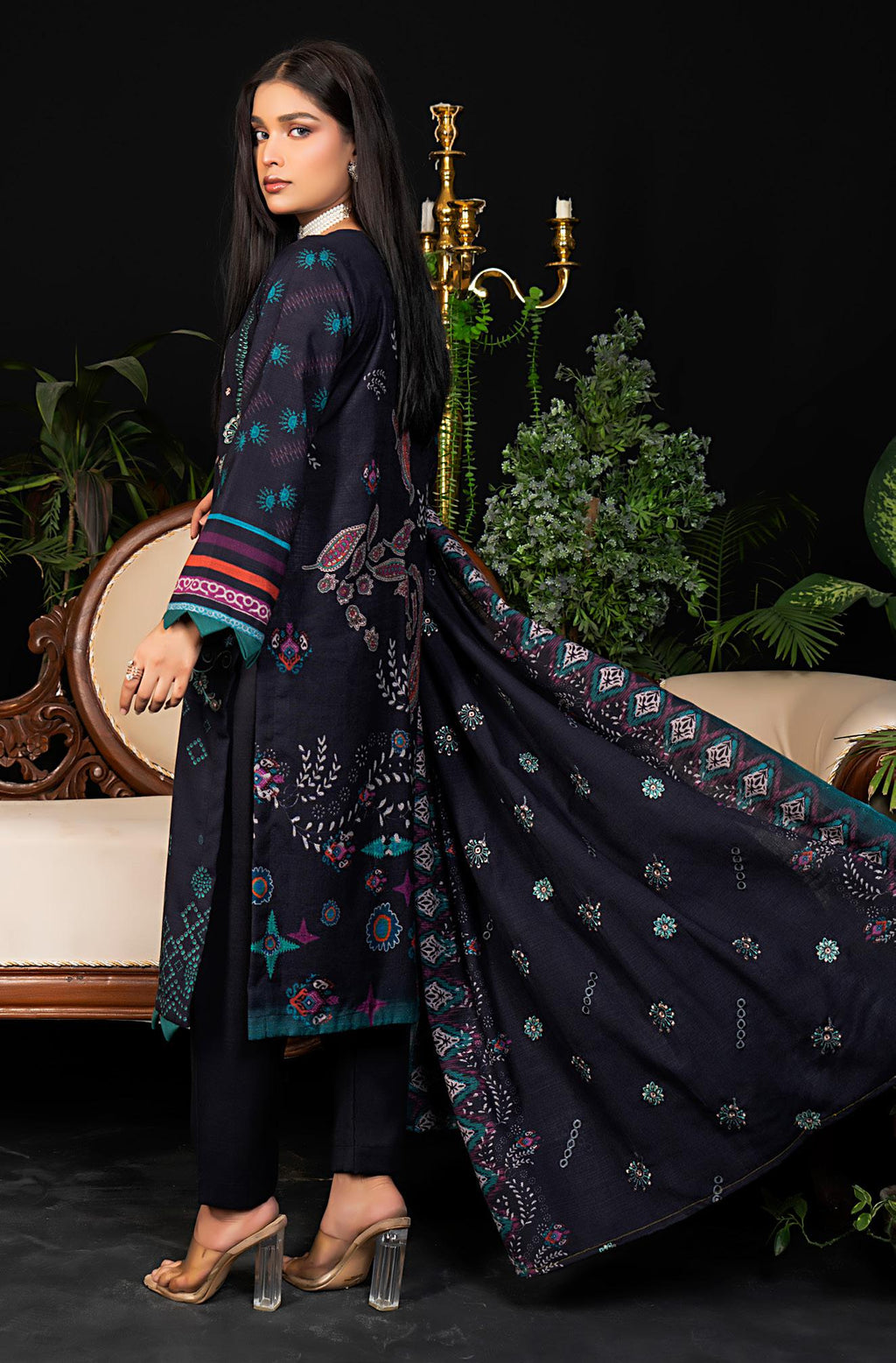 Embroidered Navy Outfit with Ethnic Borders 3 Piece Suit Dhanak