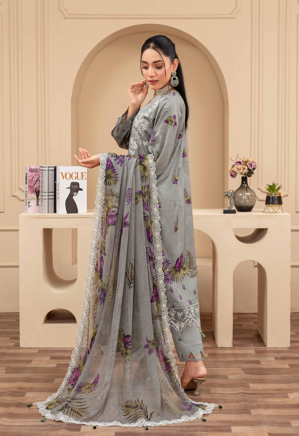 3 Piece Elegant Gray Embroidered Viscose Suit with Purple Floral Prints