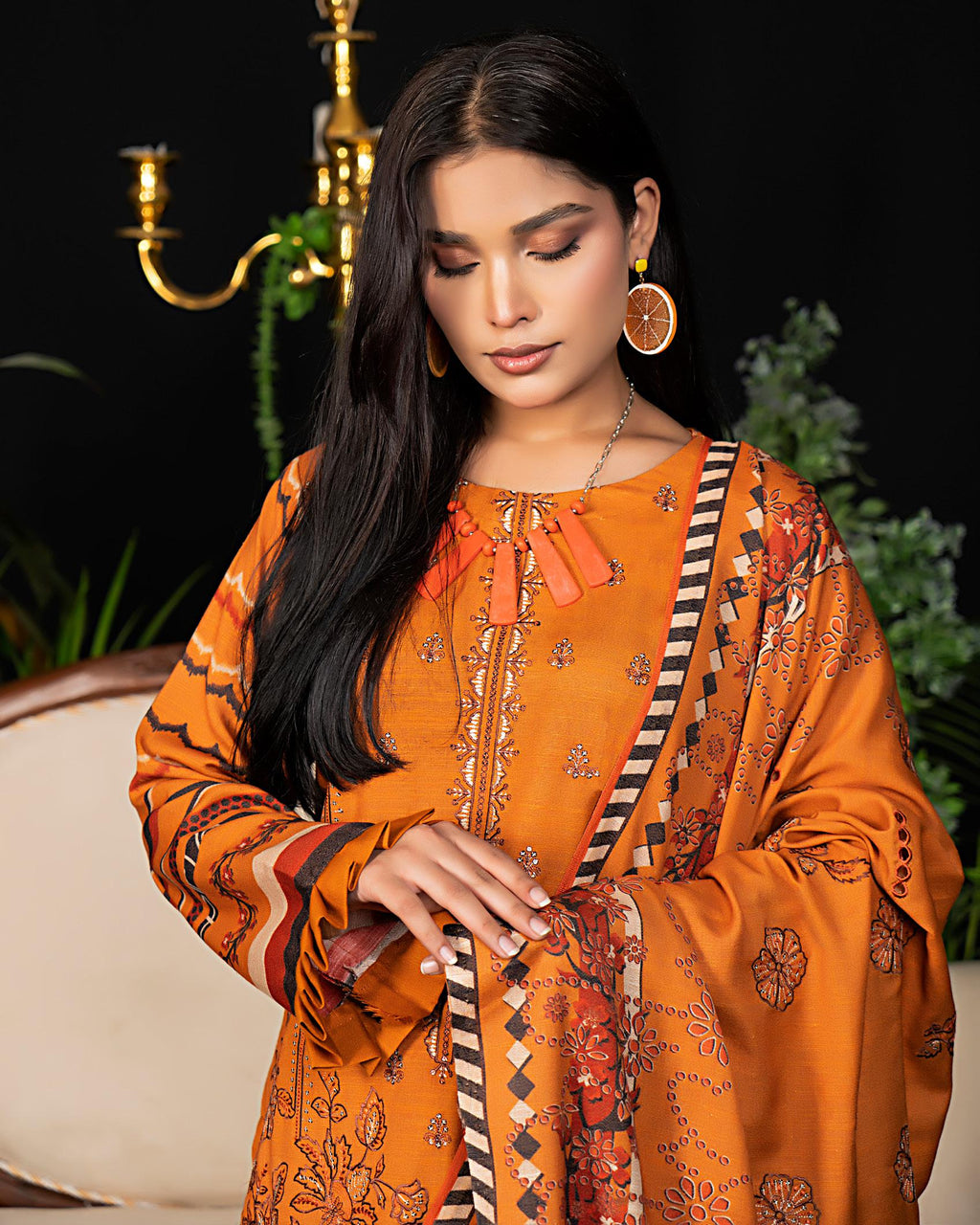 Burnt Orange Embroidered Winter Collection 3 Piece Suit Dhanak