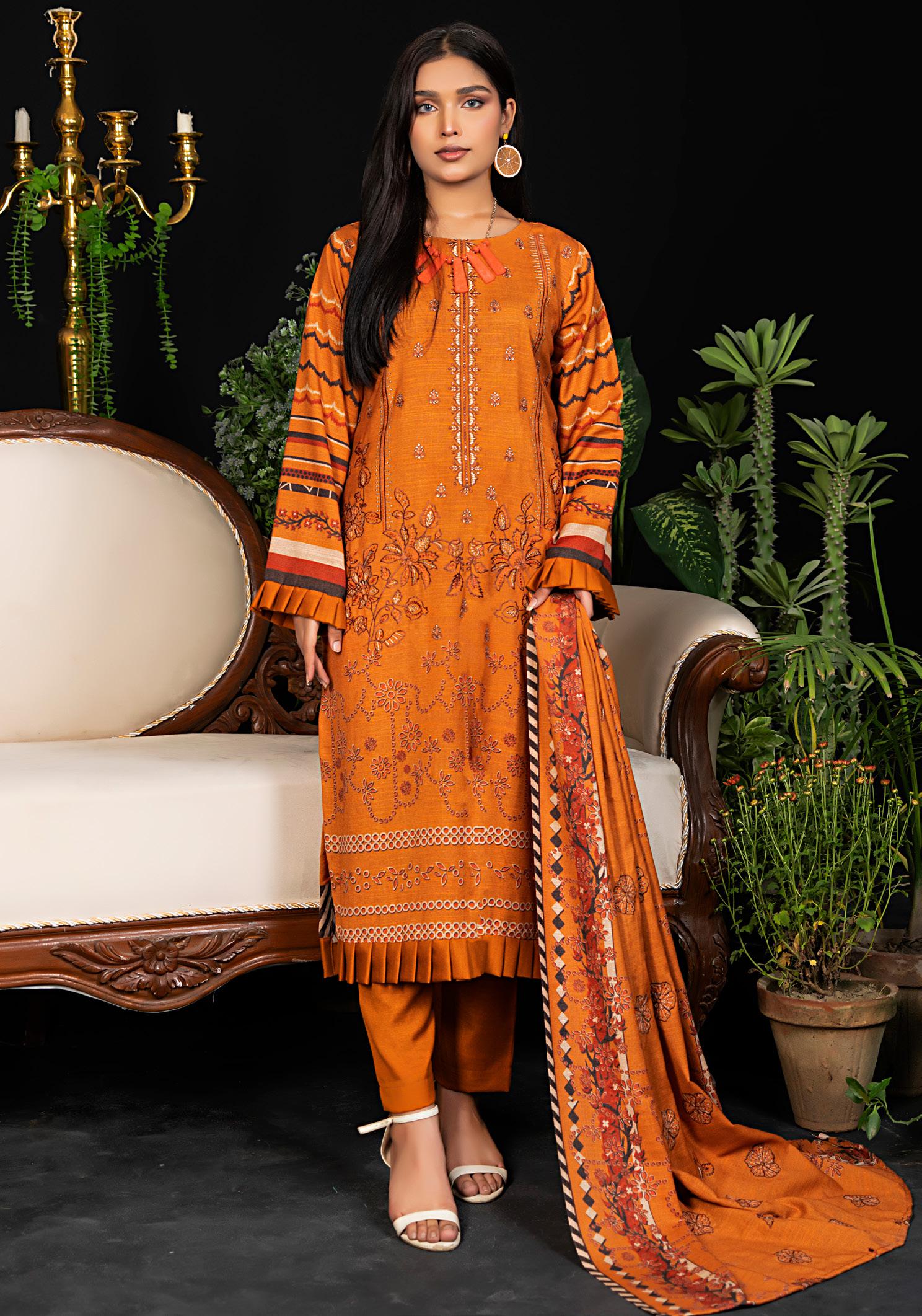 Burnt Orange Embroidered Winter Collection 3 Piece Suit Dhanak