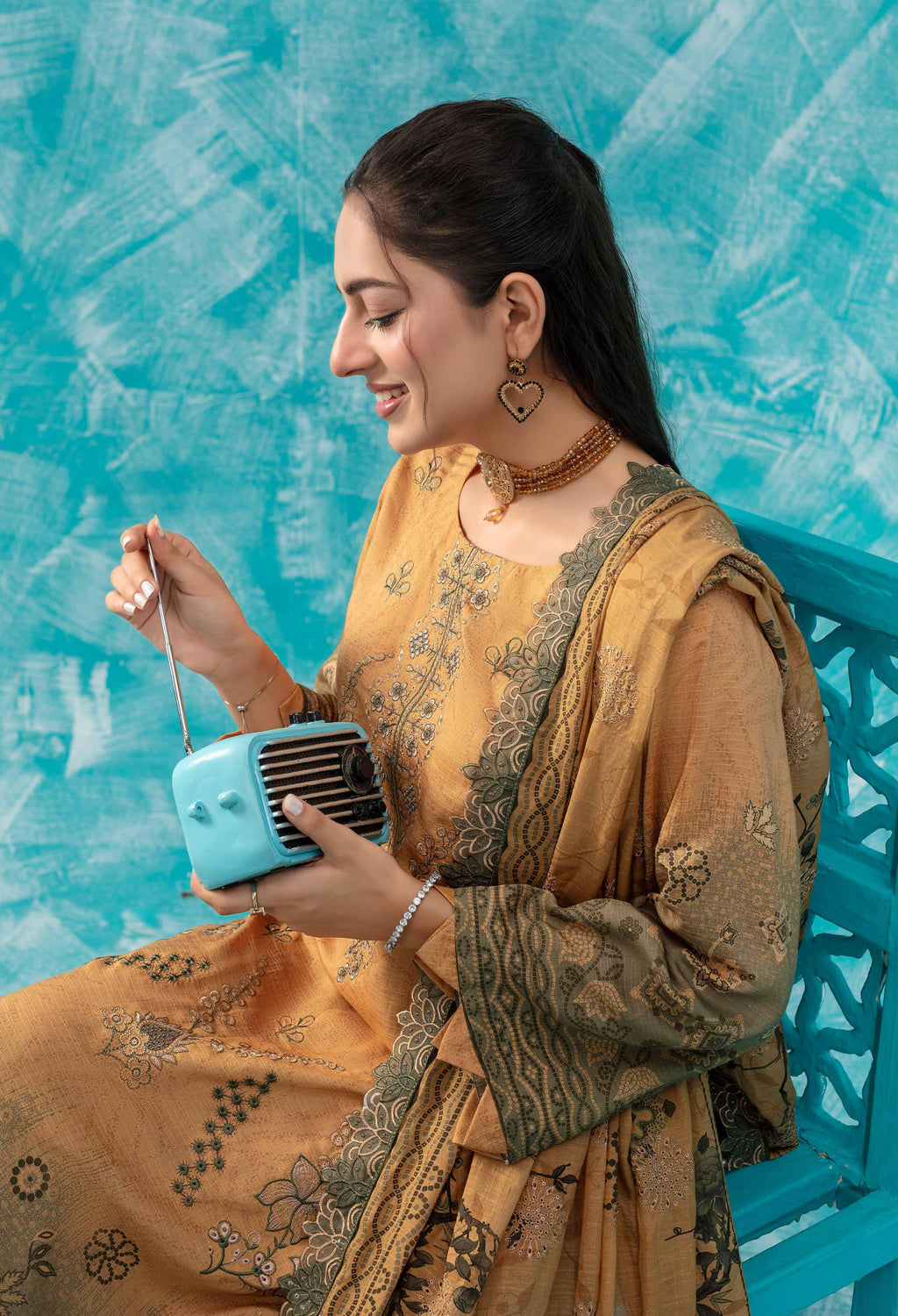 Mustard Yellow & Olive Green Embroidered Viscose Suit