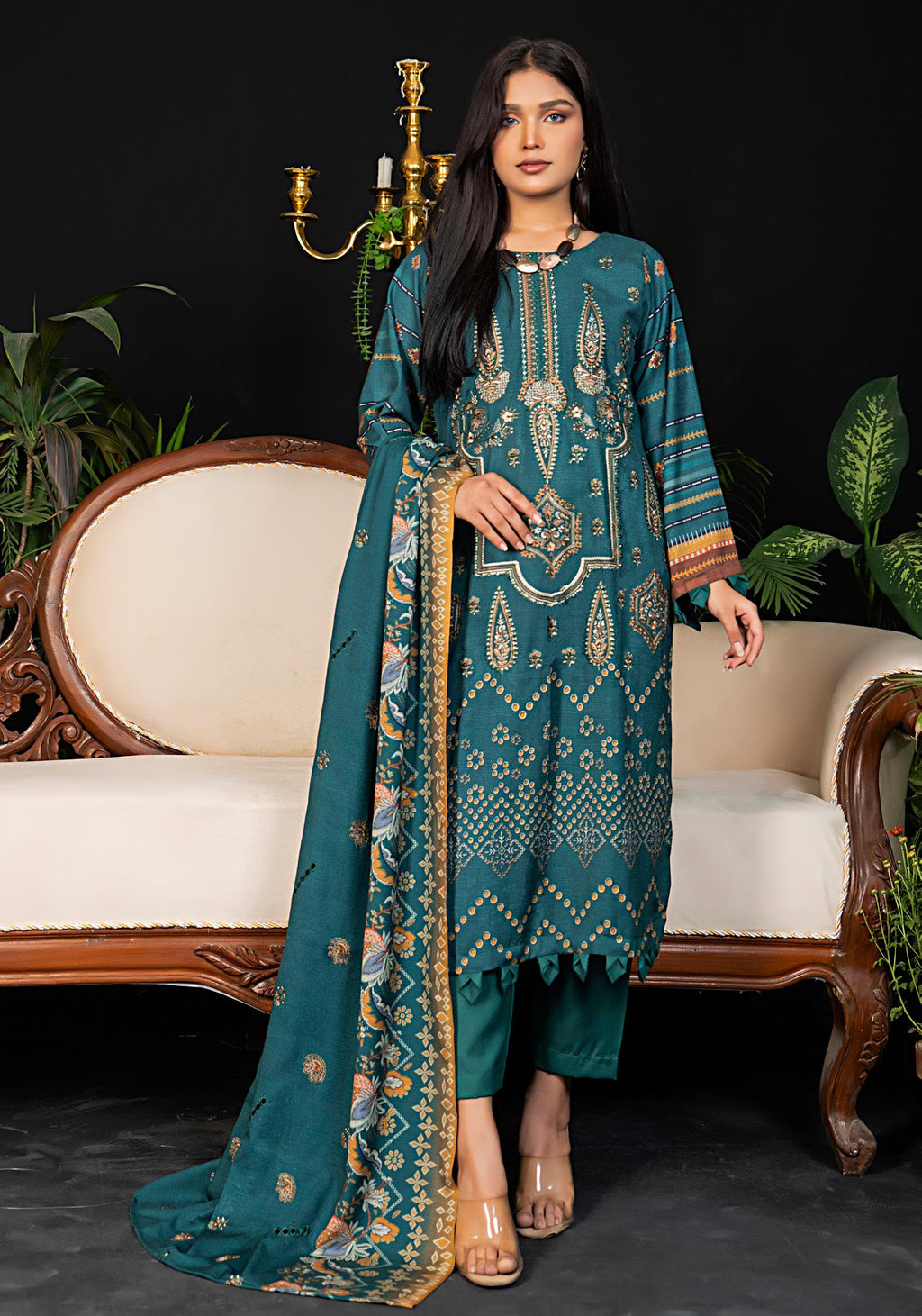 Elegant Teal Green Winter Dhanak Suit – 3 Piece Premium Collection