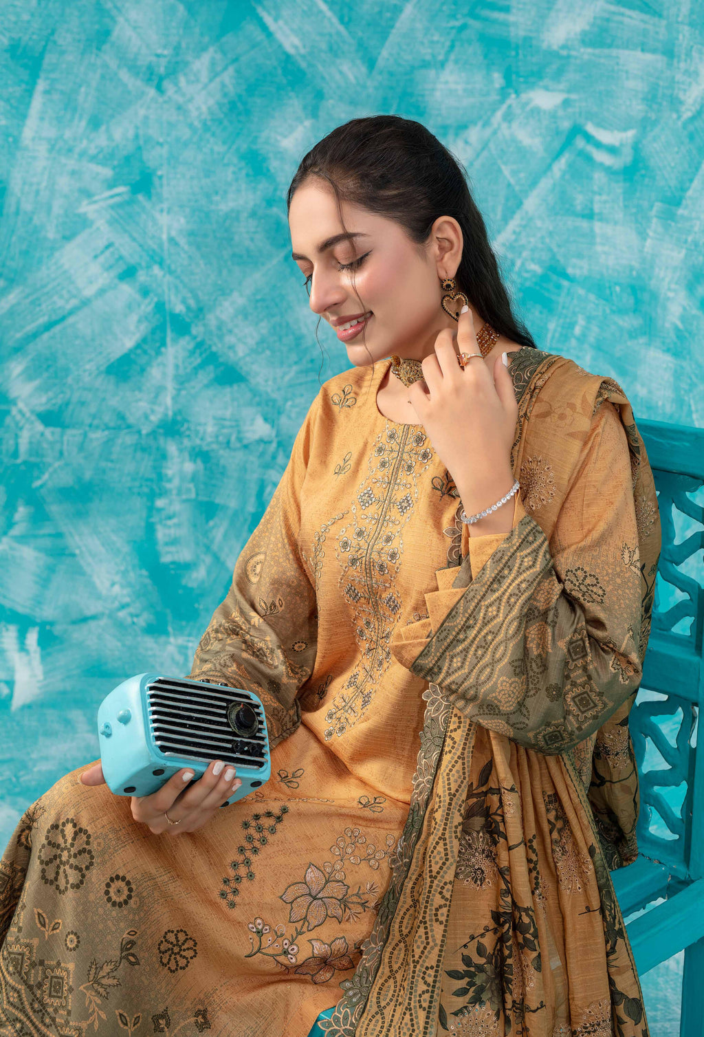 Mustard Yellow & Olive Green Embroidered Viscose Suit