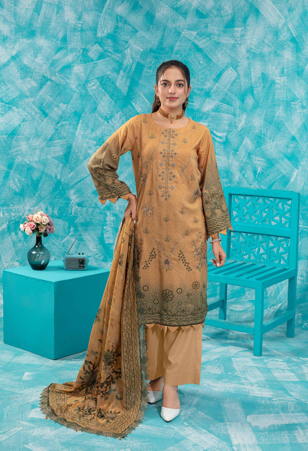 Mustard Yellow & Olive Green Embroidered Viscose Suit