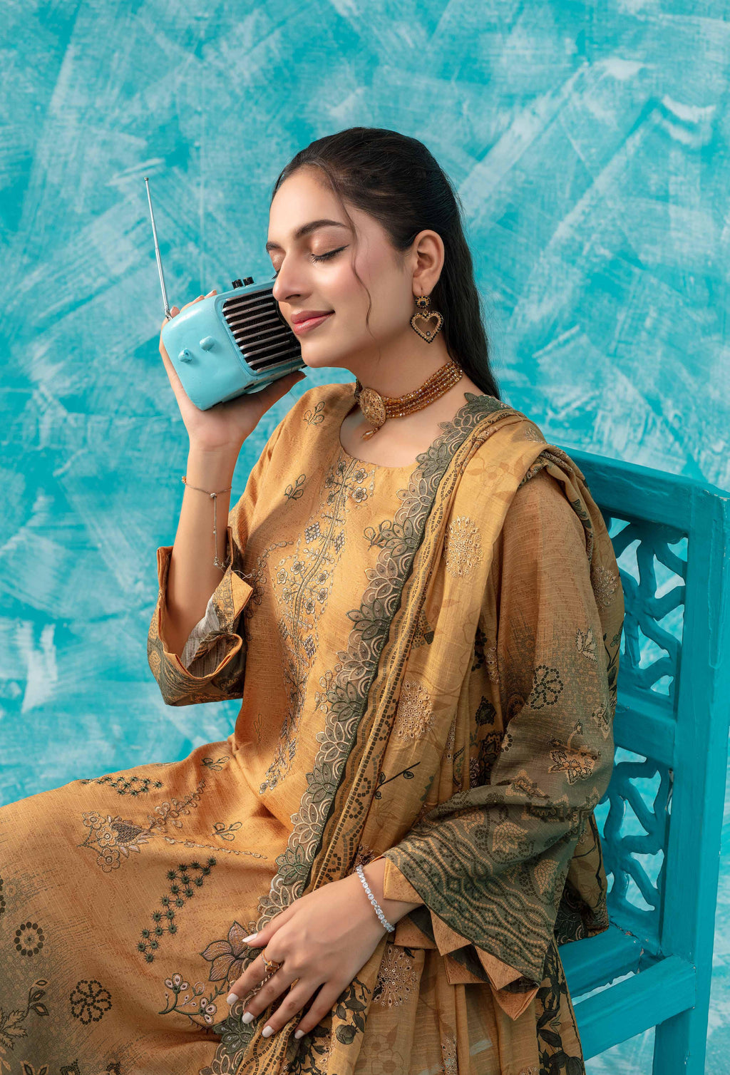 Mustard Yellow & Olive Green Embroidered Viscose Suit