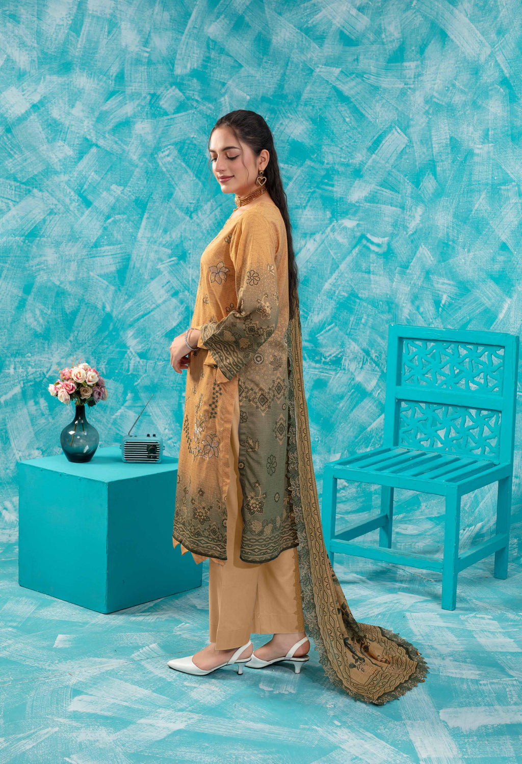 Mustard Yellow & Olive Green Embroidered Viscose Suit