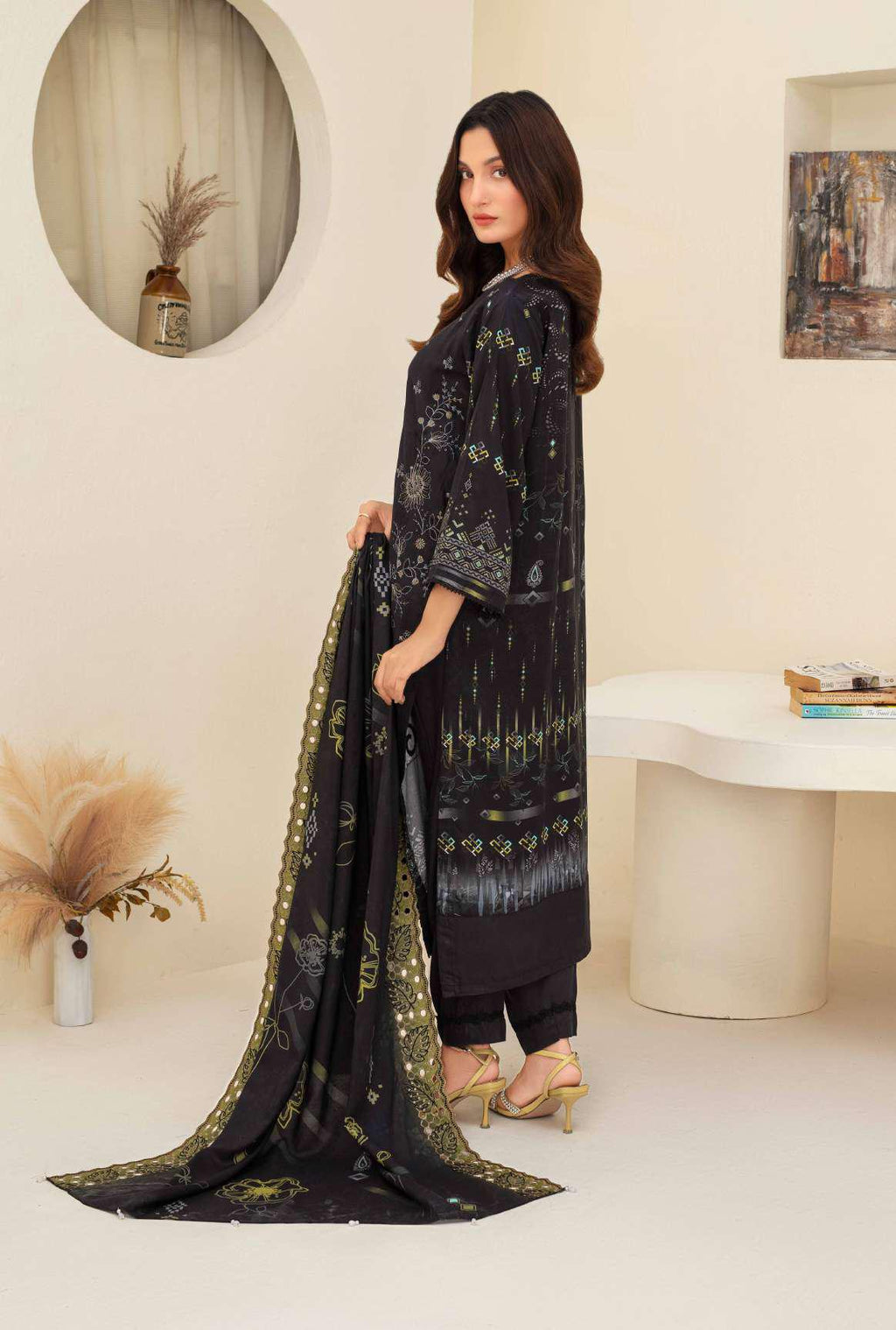 Full model look black embroidered viscose suit front view ZAMARANG