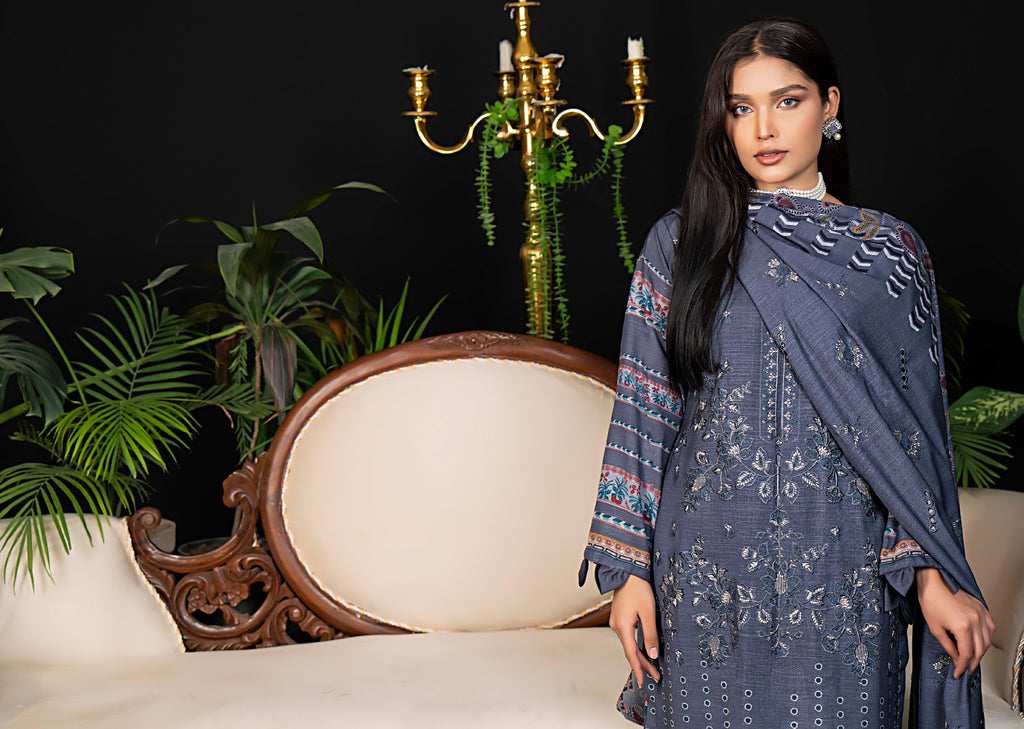 Printed embroidered navy blue shawl dupatta detail