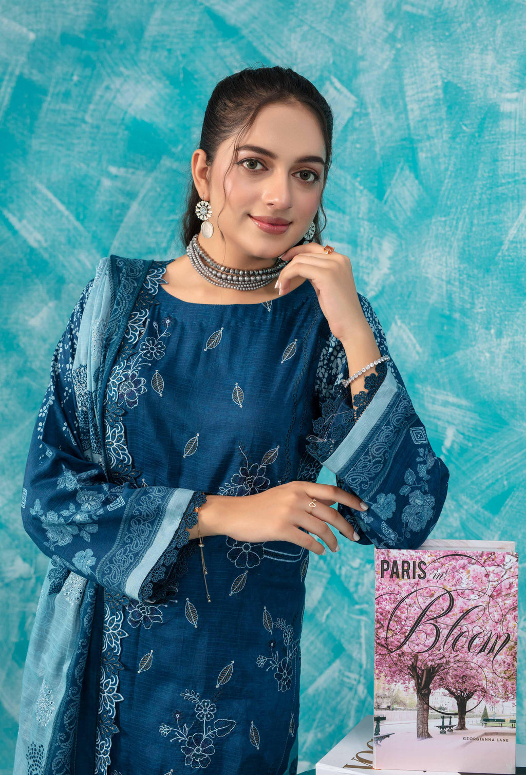 3 Piece Elegant Navy Blue Embroidered Suit VISCOSE