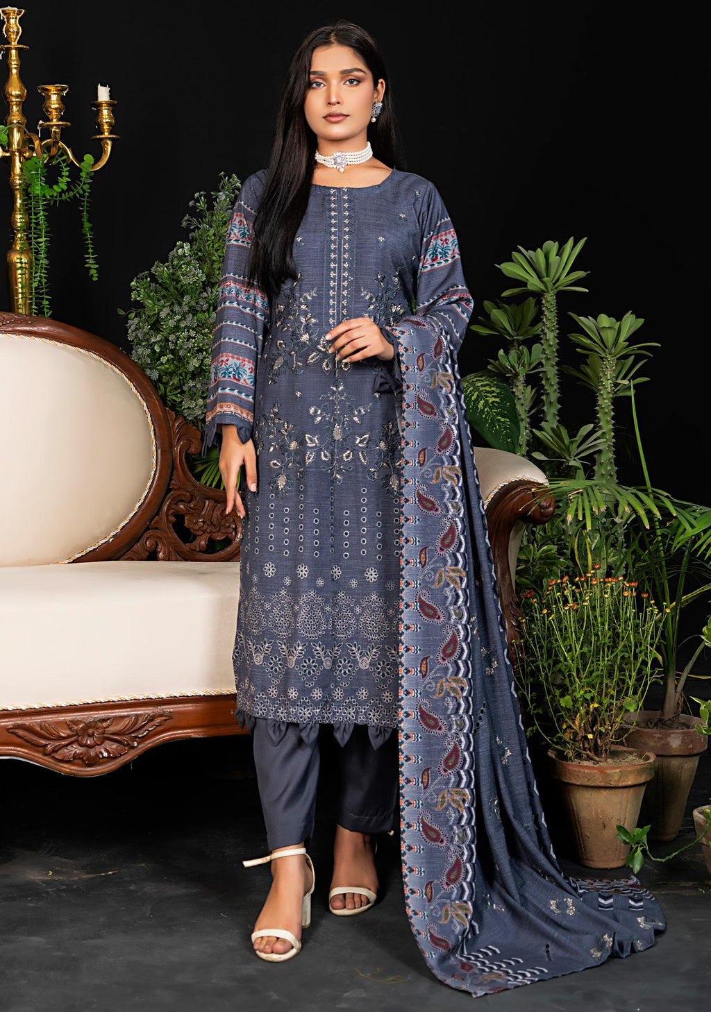 Navy blue embroidered 3-piece Dhanak suit front view with dupatta