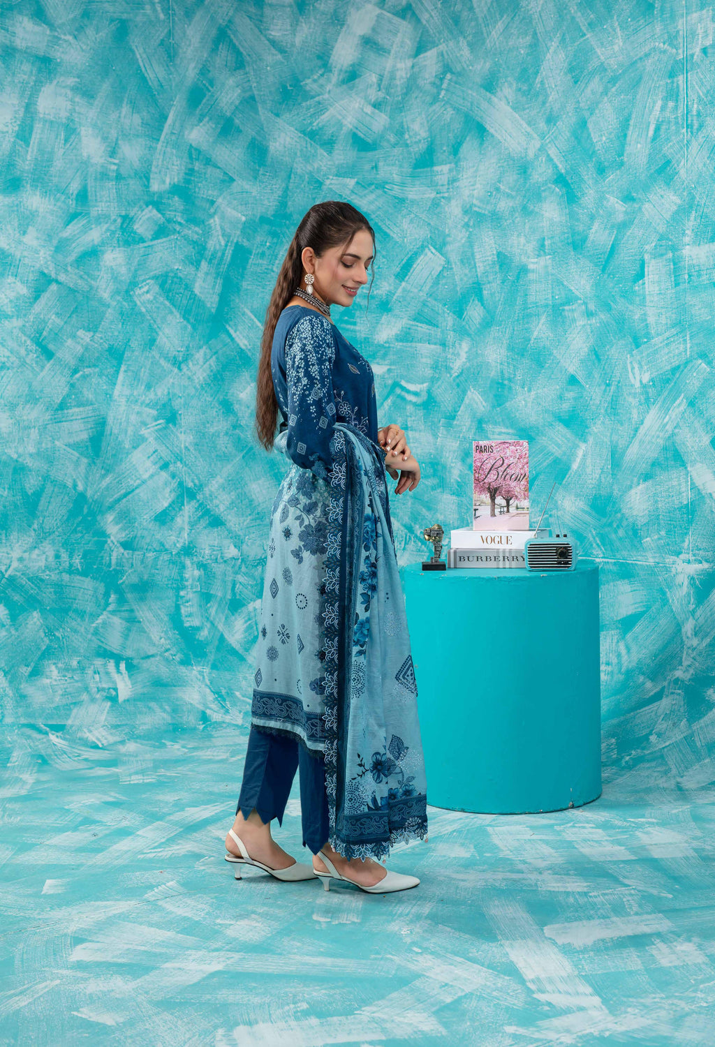 3 Piece Elegant Navy Blue Embroidered Suit VISCOSE