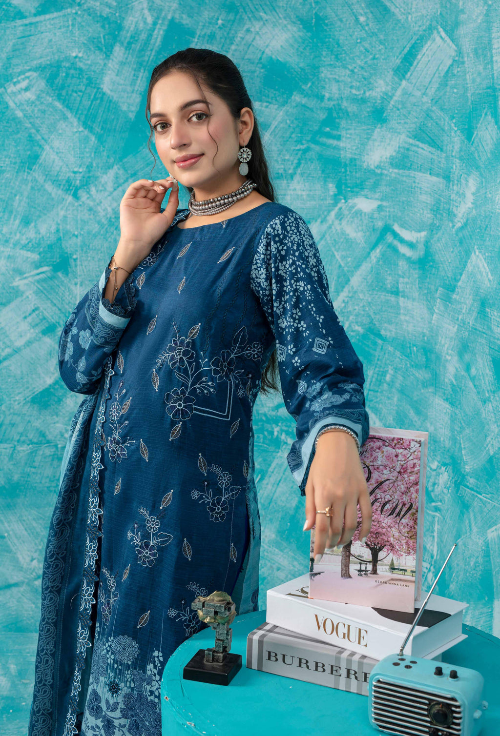 3 Piece Elegant Navy Blue Embroidered Suit VISCOSE