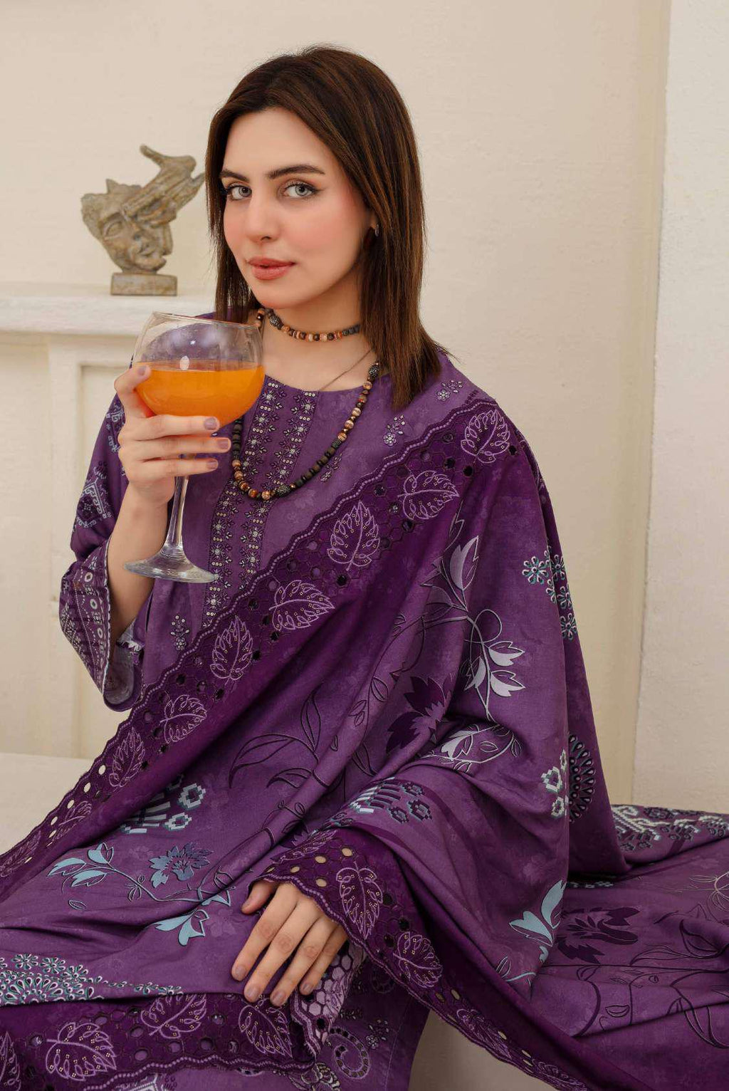 Embroidered shawl dupatta detail — deep purple suit