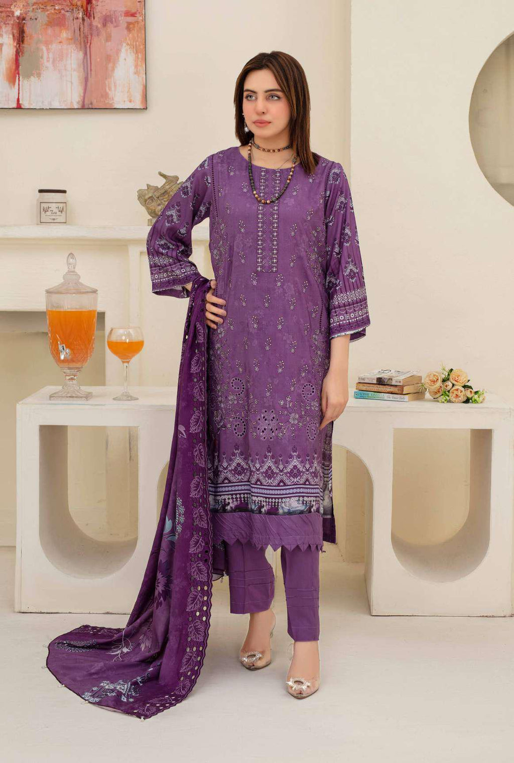 Deep purple embroidered 3-piece viscose suit front view
