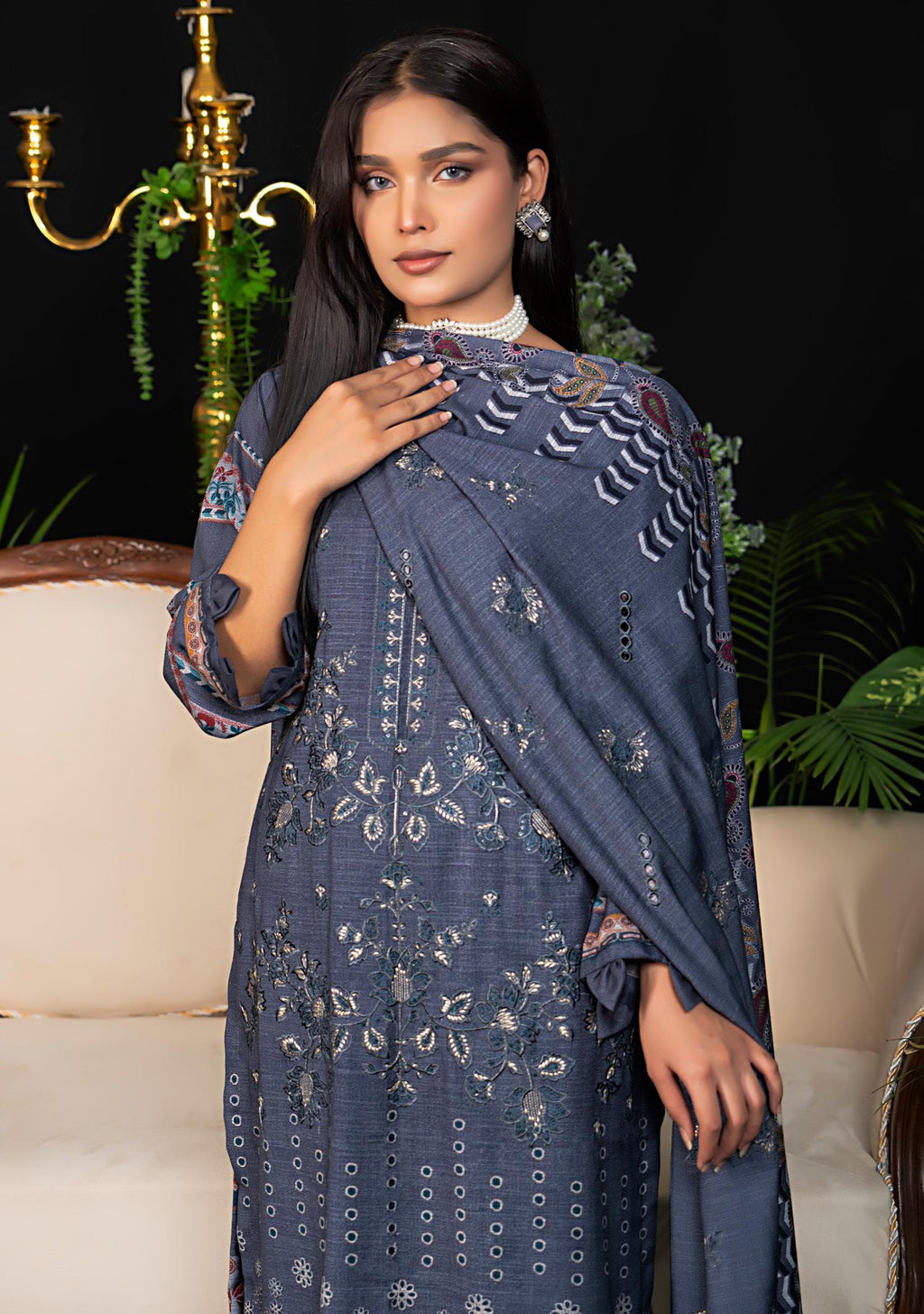 Floral vine embroidery on navy blue Dhanak shirt neckline