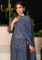 Floral vine embroidery on navy blue Dhanak shirt neckline