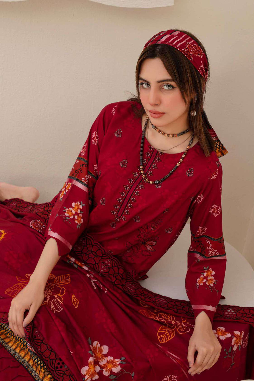 Embroidered shawl dupatta drape detail — ZAMARANG maroon suit