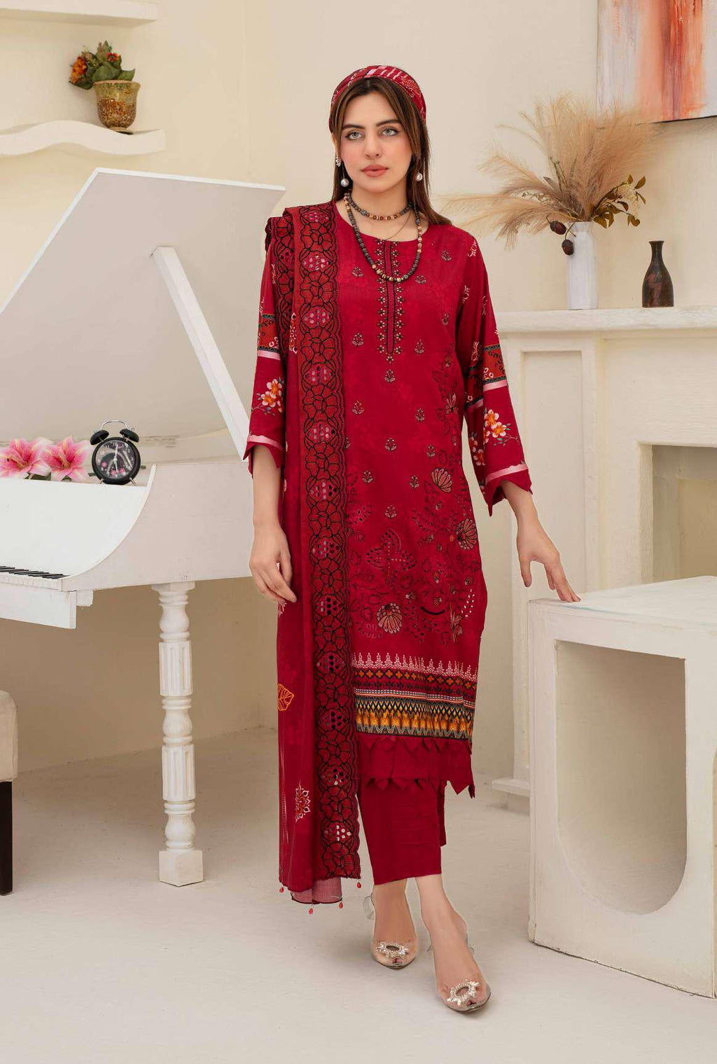 Maroon embroidered viscose 3-piece suit front view — ZAMARANG
