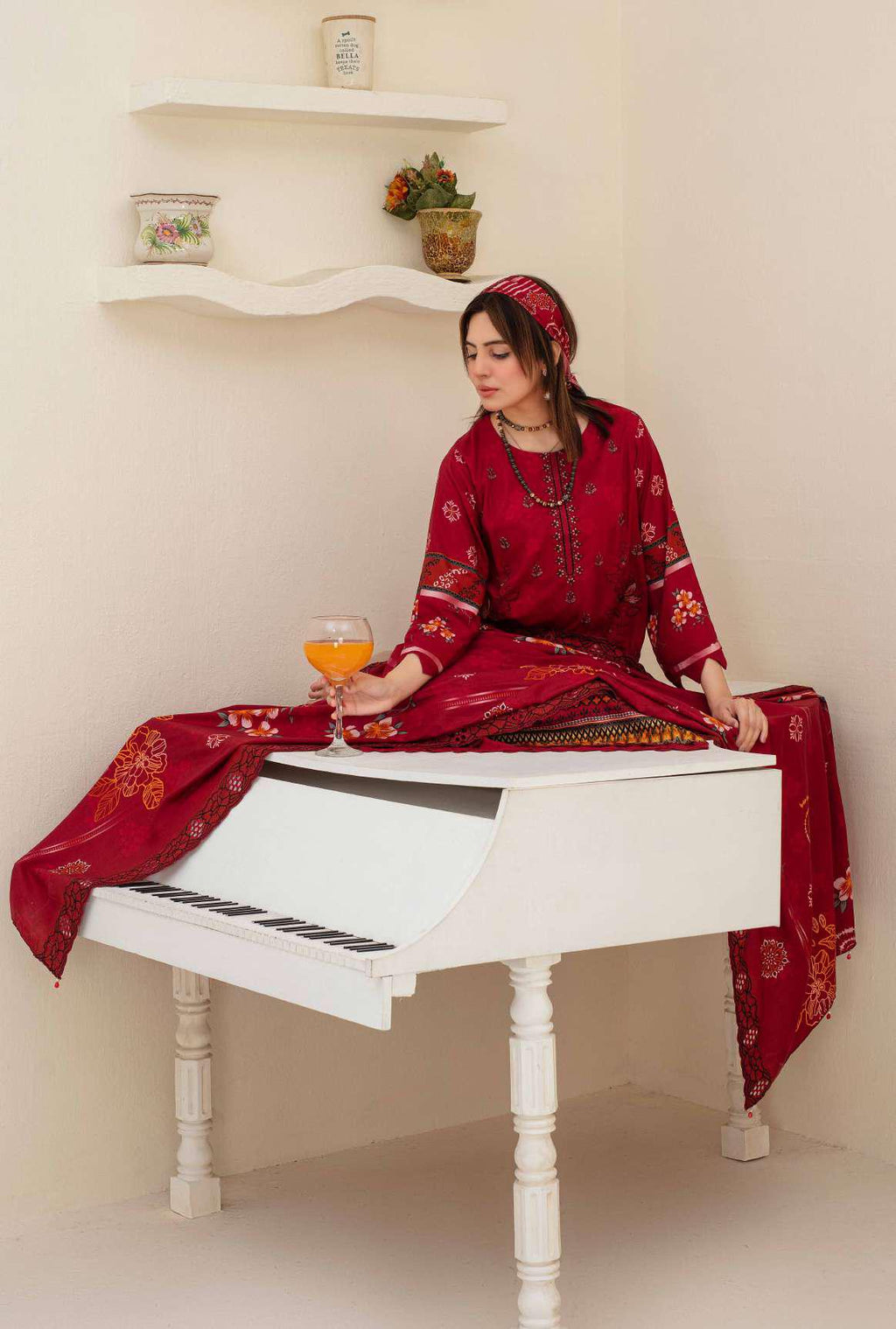 Maroon Embroidered Viscose 3-Piece Suit