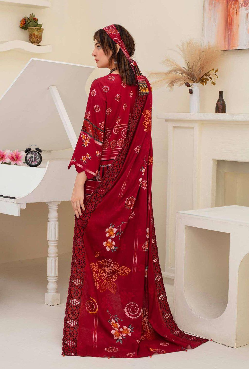 Maroon Embroidered Viscose 3-Piece Suit